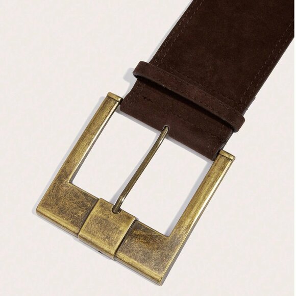 Square Buckle Thick Vegan Leather Belt Brown - Picture 5 of 6